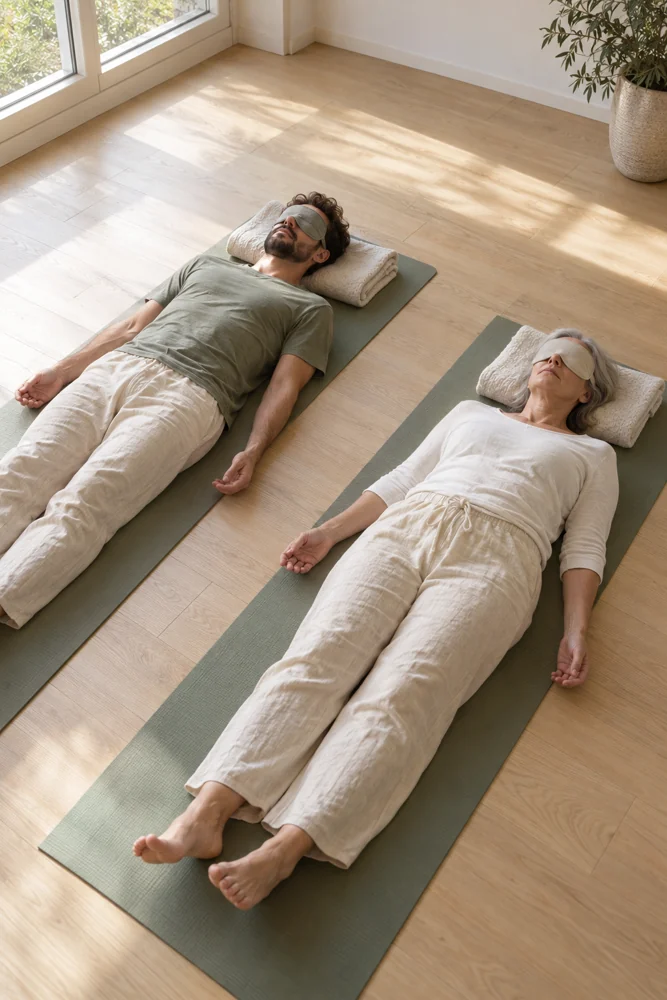 Deux personnes allongées sur des matelas, les yeux couverts - illustration de la pratique